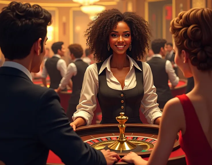  A Casino Full of Happy Rich People, Men and Women. And at the roulette table a brown woman ,  curly hair dressed as a croupier smiling at some surrounding people, She is focused looking at the roulette .