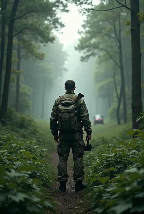 man standing on his back in a brown camouflage suit ,  large backpack and axe on his back in the middle of the forest staring at a car on the horizon