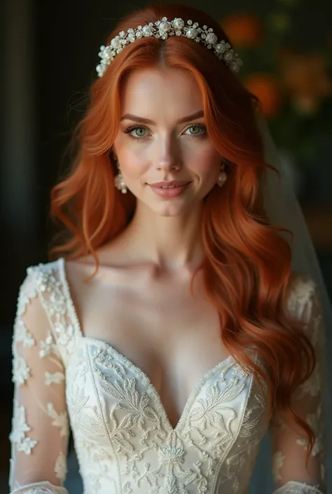  Realistic upper-body portrait of a 23-year-old red-haired Irish bride with long hair,  hair band , collar, smile.  She poses in front of the camera wearing a satin A-line wedding dress with straps ..., schöne Muster im satin Fabric , wedding,glamour fotos...