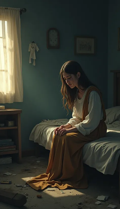 Create a realistic animation of a dimly lit room, filled with emotional and symbolic elements. A young woman sits on the edge of a unkempt and unkempt bed, her head bowed, crying profusely. Her expression conveys deep sadness and despair as tears stream do...