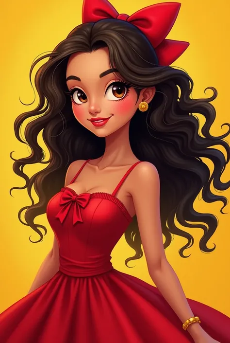 Make an image of a   with Maria Chiquinha in her hair and wavy hair wearing a red round dress with a bow in her hair 