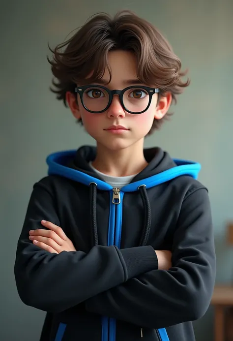 "A realistic portrait of a nerdy boy, looking straight ahead with his face centered in the frame. He has glasses with lenses that reflect the light, creating a subtle, intelligent glow. The boy wears a black hoodie with vibrant blue accents, fitted snugly,...