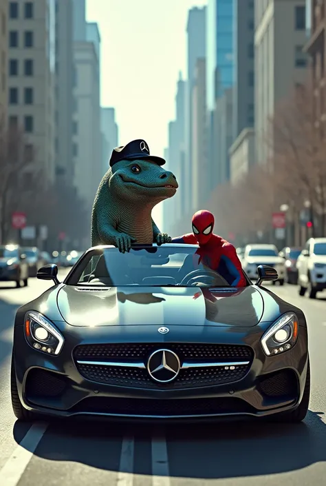 A Romanian eel driving a Mercedes with Spider-Man