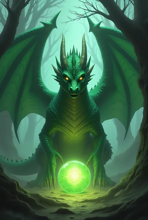 Green dragon protecting a magic ball