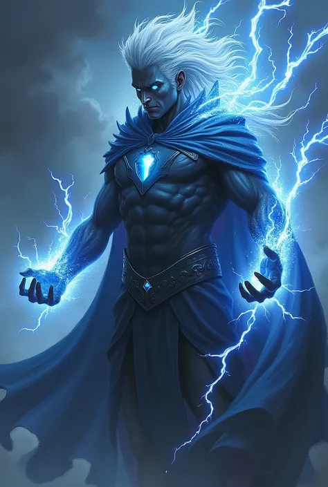 Create an art piece of Tempestus, the Lord of Storms and Change. He has stormy gray skin and electric eyes. His hair resembles swirling storms, and he wears a cloak that moves like a gale. Lightning bolts occasionally emanate from his hands, representing h...