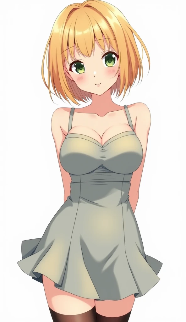 аниме — full body, image of an 18 year old girl , Beautiful Body,  Big breasts,  sexy,  digital image ,  girl with square , bob haircut,  blonde , bang,  green eyes , illustration, hoop, j-pop idol dress, stockings,  emiloye lychea , flirt smile ,  hands b...