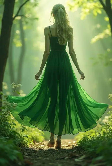 Create a nature spirit dress pattern ,  it should be green with a length which from the front will be straight at knee level and then increase to the ground from behind,  as the skirt of the dress goes back it increases its length first from the very front...