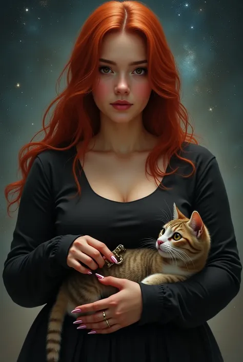  an image of a red-haired woman , chubby,  brown-eyed ,  hair at the height of her collarbone, dressed in black, long nails, with a cat on her lap, on a starry background, take the key