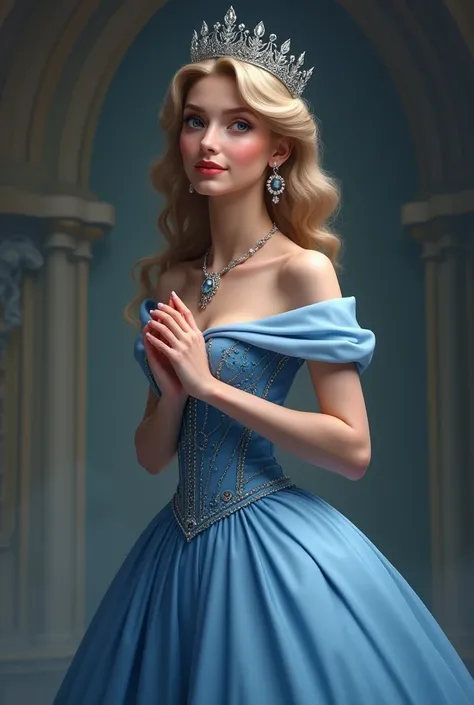 Princess, wearing a blue dress bare on her shoulders ,  her hands are clasped and in an upright position ,  her head is slightly crooked with a crown rising above her head, she is facing