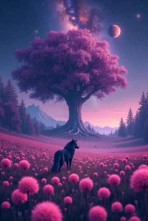  A field full of round pink flowers ,  The sky is night with a purple nebula  .  2 planets one yellow and the other smaller white .  In the background an immense sacred tree . 
 In the middle of the field a werewolf observes the tree 