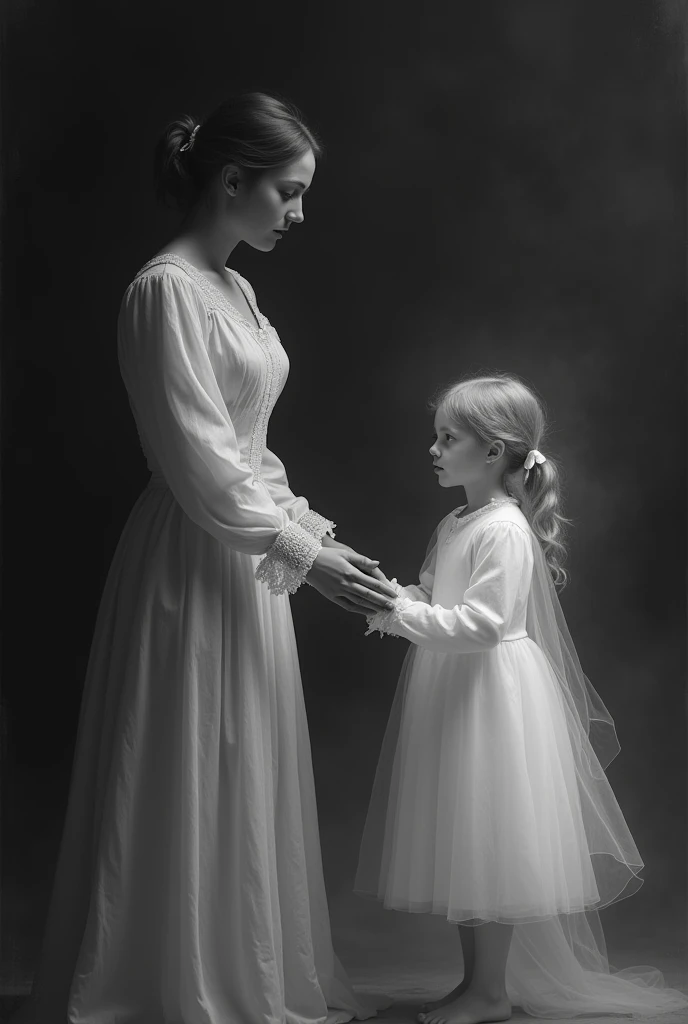 Victorian woman talks to the spirit of her dead six-year-old daughter in a stripped white dress.  Black and white image 