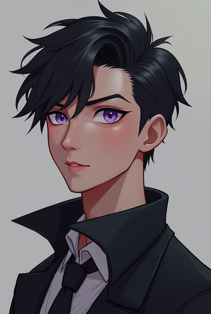  Create an image of a character 30 years old . Appearance:  Black hair and a haircut like the rich ones , purple eyes . 
 Character :  He is calmer and perfectionism is attentive to detail and he doesnt really understand young people and jokes.