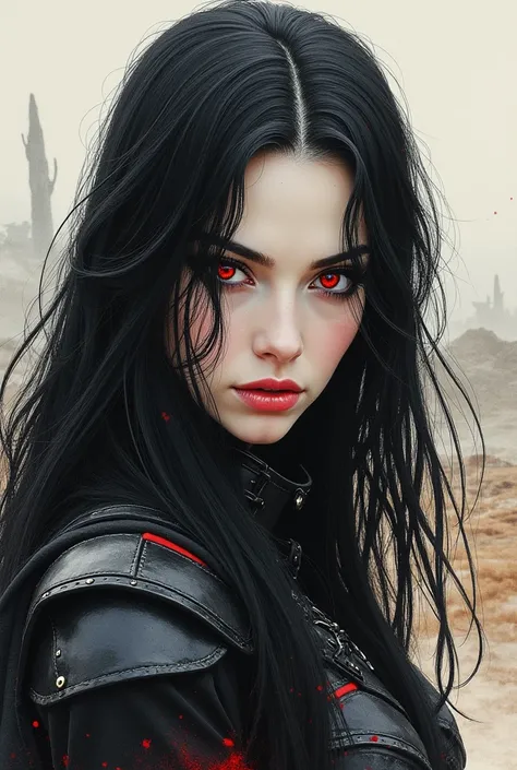 Beautiful portrait of a woman, vampire warrior, 
young woman, long black hair, black armor, in a desolated landscape, ink and watercolor, Painting of Luis Royo, red eyes, high resolution, high definition, masterpiece, many details, cold colors