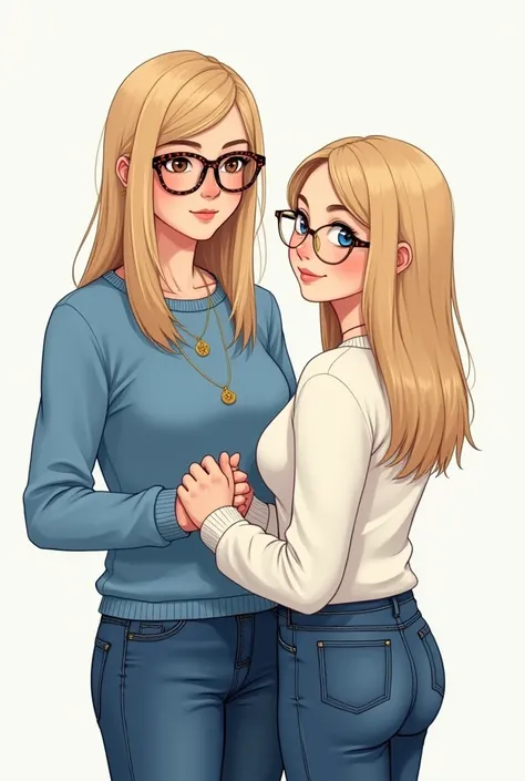  draws a teacher with straight blond hair on her shoulders ,  brown eyes , leopard glasses ,  white gold jewelry ,  a blue sweater and jeans holding hands a female student who has dark blonde hair,  blue eyes ,  golden metal circle glasses ,  a simple whit...