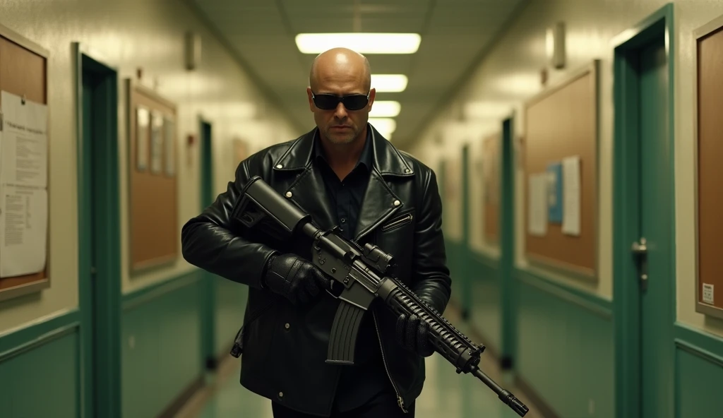 "A cybernetic humanoid wearing a black leather jacket and sunglasses confidently walks down a narrow hallway in a police station, holding an automatic rifle in one hand. The scene is styled in the trailer congelado aesthetic of 1950s films, filmed with Sup...