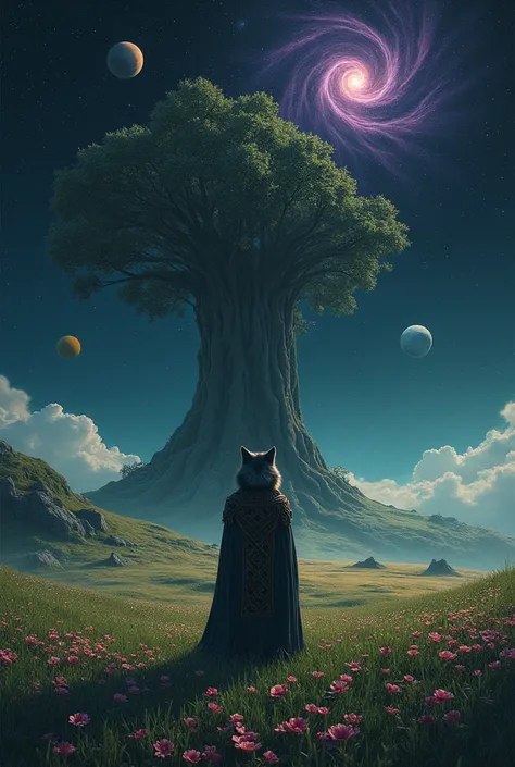  A green field filled with small round pink flowers,  The sky is a dark starry night with a purple nebula  .  2 planets one yellow and the other smaller white . In the background an immense sacred tree surrounded by dark square stones and crystal clear wat...