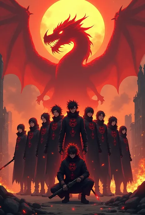 "Create an epic illustration of a group of 10 unique characters standing together in matching dark uniforms inspired by the Akatsuki style. The uniforms should feature a red dragon emblem and fiery dragon motifs subtly woven into the fabric, glowing faintl...