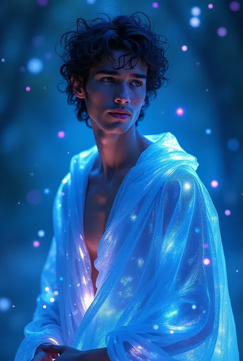 Create a young Cosmic Gypsy Man from Astral Ethereal wearing a fluorescent blue robe of hyperrealistic holographic light native to the Lilac Galaxy of Buddhak Prana, High resolution ,