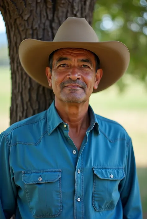 arafed man in a cowboy hat and blue shirt standing in front of a tree, a colorized photo inspired by Agustín Fernández, tumblr, dau-al-set, luis nieves sr, jose miguel roman frances, salustiano garcia cruz, carlos ortega elizalde, pablo hurtado de mendoza,...