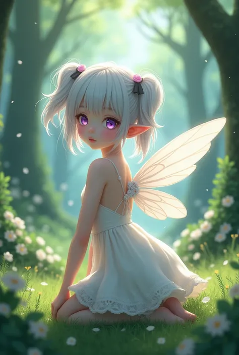 Masterpiece, 4k best quality, 1girl, loli, like, white hair, twintails, purple eyes, white dress, forest, pointy ears, all fours, fairy wings, looking back 