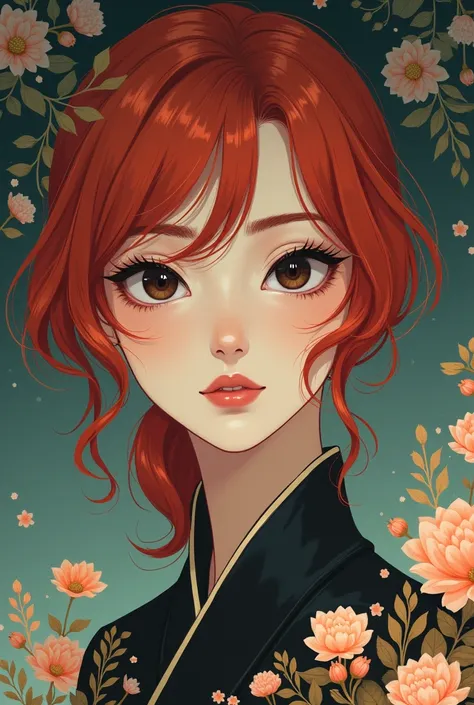 elegant woman, young and quiet with red hair and black eyes, surreal style mixed with anime 