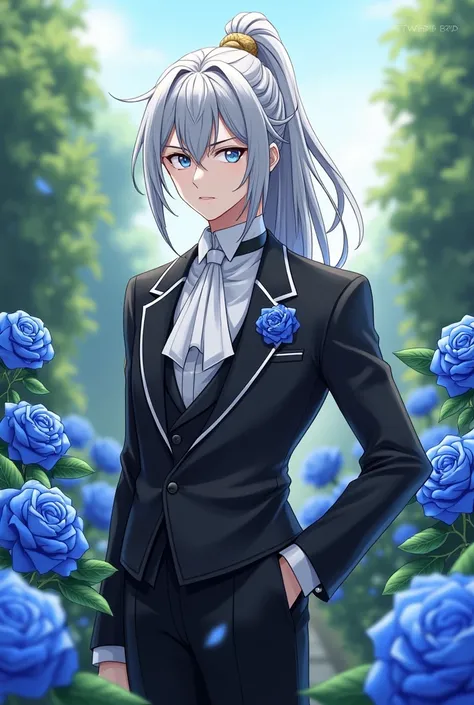  long hair, One young man、Butler、 blue rose brooch、
 Silver Hair、 ponytail、Side braids、Silver Eyes、good-looking
Rose Garden 、Butler服