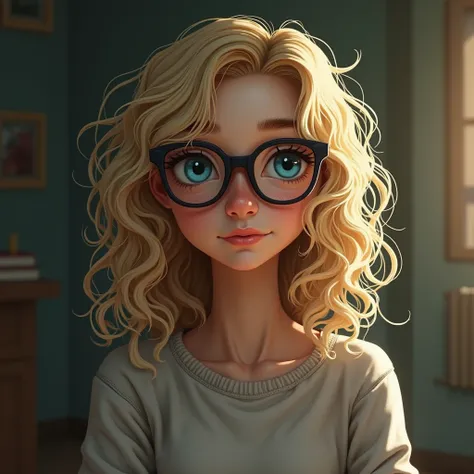 White girl, curly long blonde , blue eyes, A girl with freckles on her face, black glasses, and a shy personality , Reality, bust, Sweatshirt, not smile.