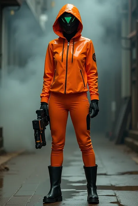 This image full body shows a person, presumably a woman in a full uniform, with a predominantly glossy orange hoodie. The outfit includes a black mask with a large triangular symbol in the middle of the mask, and black top boots, This person holds a weapon...