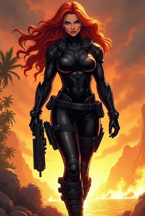 A girl,with an exuberant body ,  big breasts ,  thick legs,With long wavy red hair he is wearing a black tactical uniform he is on an island with fire around him he has a machine gun in his hand Marvel comic panel style 