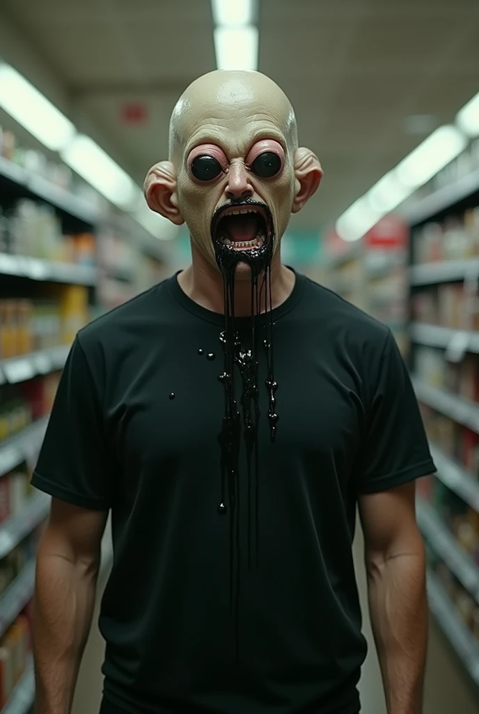 Color cinematic images. A bald, athletic man, 30 years old, wearing a black T-shirt, stands in a supermarket aisle. Large blobs with eyes organically fused into his head and face, black liquid drips from his open mouth. Blurred background. Close-up. Front ...