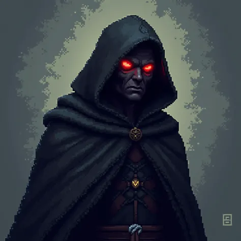 Create a pixel art illustration featuring a human with dark skin and glowing red eyes, designed in a retro 8-bit style. The character should be dressed in a detailed cloak with intricate pixelated patterns, evoking a mysterious or heroic vibe. Include shad...