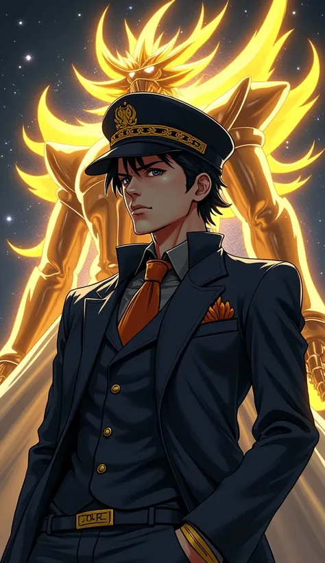 A hyper-realistic depiction of Jotaro Kujo, the iconic protagonist of JoJos Bizarre Adventure Part 3, wearing his signature black school uniform and hat with a golden chain. His intense gaze conveys both confidence and determination, while his muscular sta...