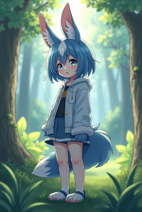 animal girl, has short hair , it has long and slender rabbit ears , its fur is blue with white details, has small goat horns  , it has a small furry fox tail ,It has furry cat legs ,His face is like that of a wolf, forest and meadow background ,  anime sty...