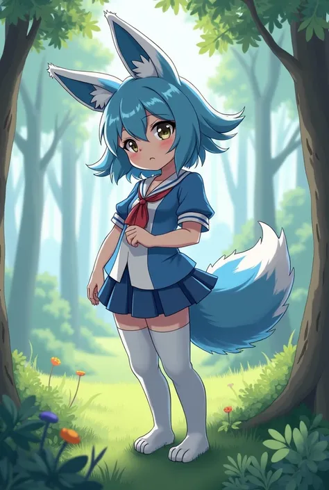 animal girl, has short hair , it has long and slender rabbit ears , its fur is blue with white details, has small goat horns  , it has a small furry fox tail ,It has furry cat legs ,His face is like that of a wolf, forest and meadow background ,  anime sty...