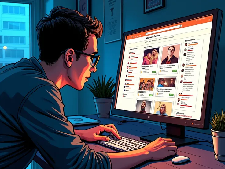 Comic book art  A person wearing glasses leaning forward at their computer, with a detailed subreddit search interface glowing on the screen, highlighting relevant posts and niche keywords.