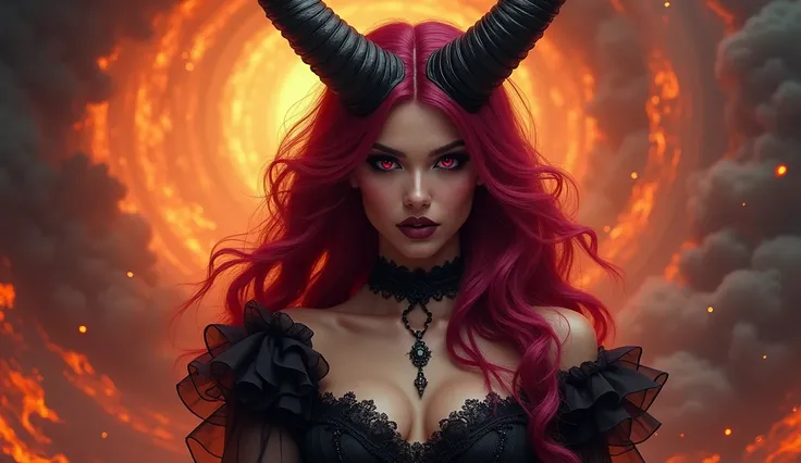  Beautiful demon with white skin ,  long dark red hair,  slightly wavy fuchsia , Red eyes , big black horns,  Gothic dress in black and wine red with ruffles, Black Make Up, Fire and Smoke everywhere.