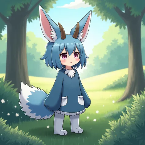 animal girl, has short hair , it has long and slender rabbit ears , its fur is blue with white details, has small goat horns  , it has a small furry fox tail ,It has furry cat legs ,His face is like that of a wolf, forest and meadow background ,  anime sty...