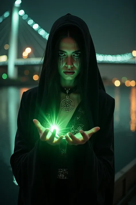 black woman, dark sorcerer,  wearing  black gown with black eyes and veins marked on her face , wearing a pentragram necklace .  Green rays and energy come out of her hands and in the background an urban bridge at night. en 4k