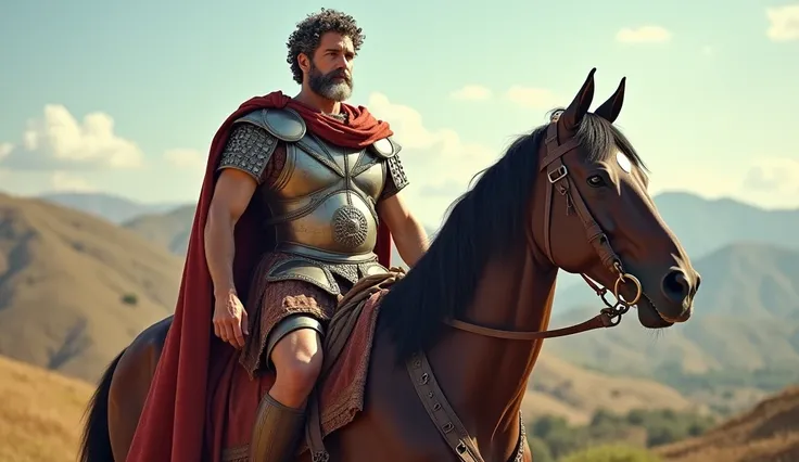  Historical scene depicting the 40-year-old Roman emperor Marcus Aurelius, curled hair and short beard, gray.  riding a horse .  He has a sturdy and mature appearance ,  with a beard and wearing Roman armor , including a cover. The horse is imposing ,  wit...