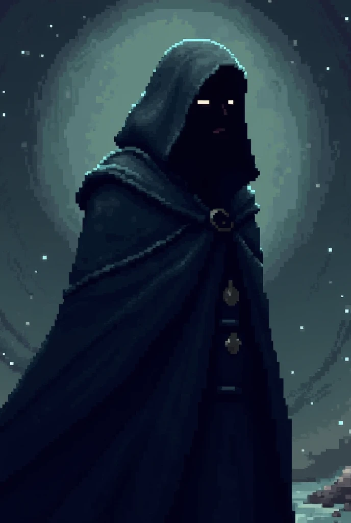 Create a pixel art illustration of a human with dark skin and an enigmatic darkened face, where the features are obscured to give a mysterious and shadowy impression. The character wears a flowing cloak with intricate pixelated patterns, enhancing the sens...