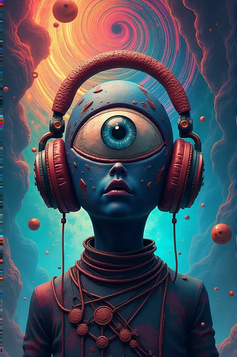 Psychedelic cyclop image wearing earphones with the caption written Zheull Shamanic synth 