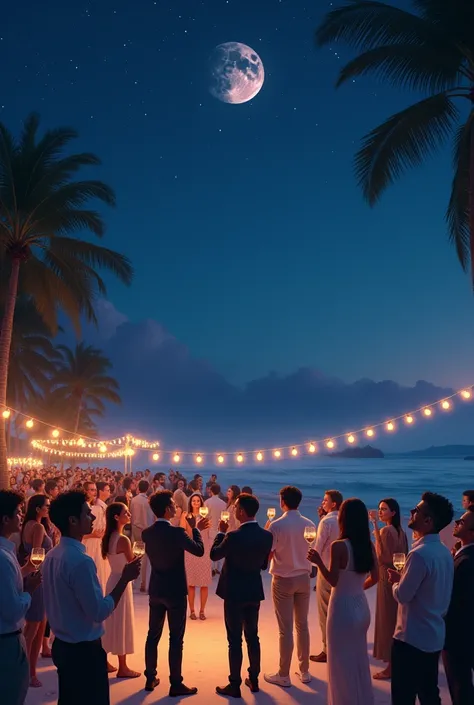 A beach at night with people looking up at the sky all dressed up with glasses in their hands celebrating 