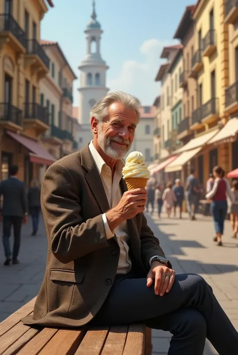 Man eating vanilla ice cream in the square 