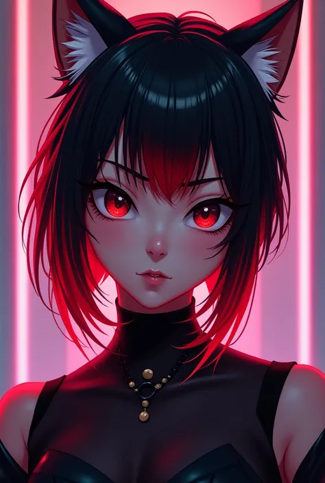 a female, black hair (do a wolf cut, with bangs), make the bangs red. Make her in the arcane series style, valorant style. Black eyes. VALORANT ART STYLE. no animal features