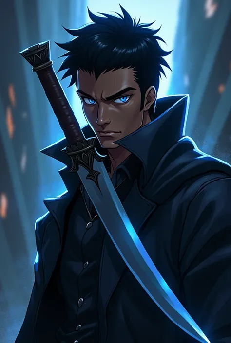 A blue-eyed black man with a dagger anime traits 