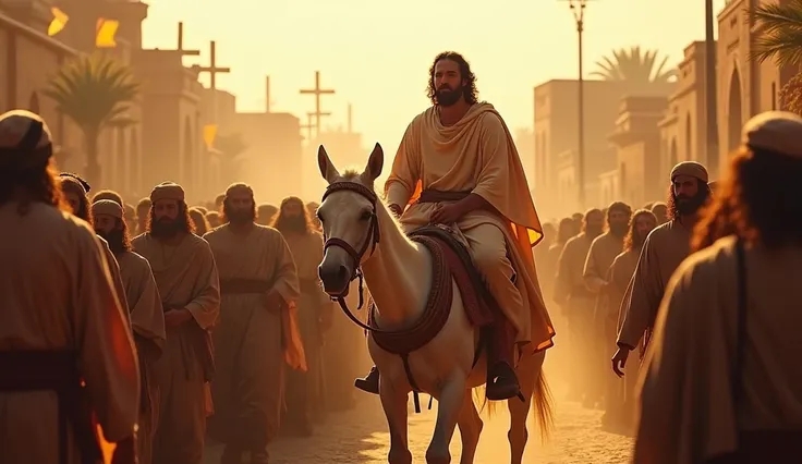 Jesus riding a donkey, crowds of Jews acclaim him