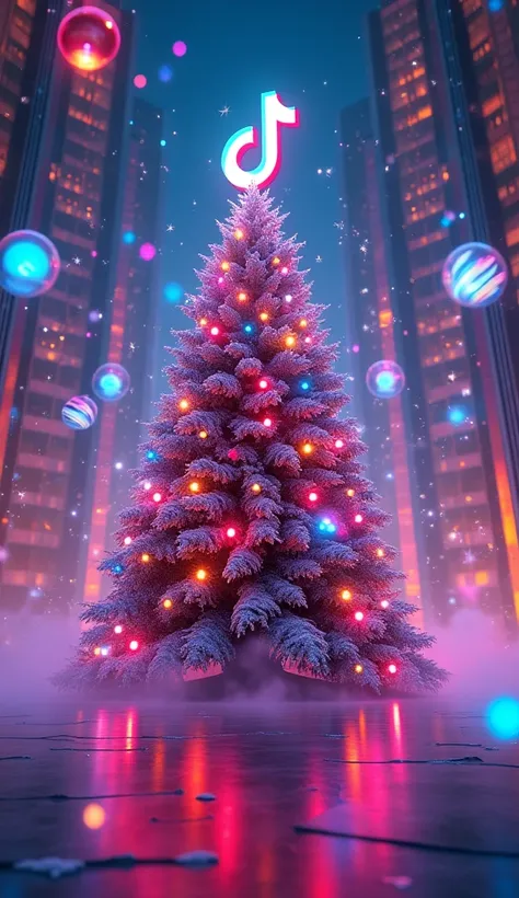 disco with light games, sparkles and rotating balls. New Year 2025 in color a Christmas tree with the tiktok logo on the top of the tree