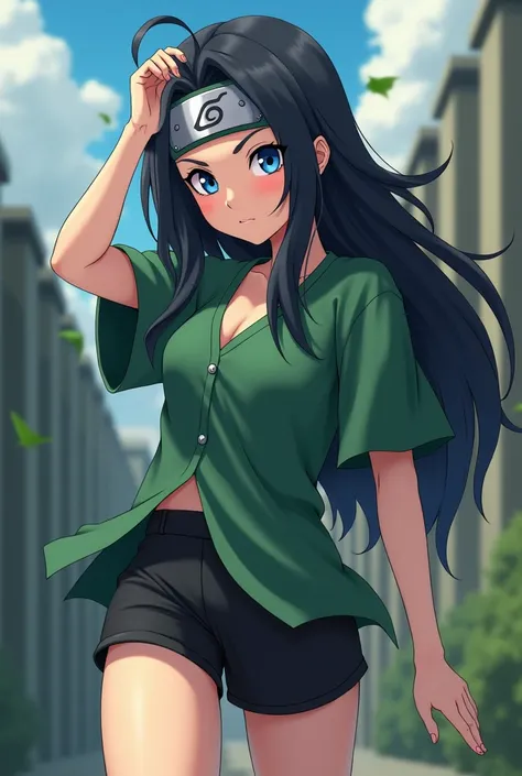 anime naruto ,  Girl with long black hair  ,  blue eyes,  black shorts and green shirt with neckline , And with bandana de la Aldea de la Hoja  