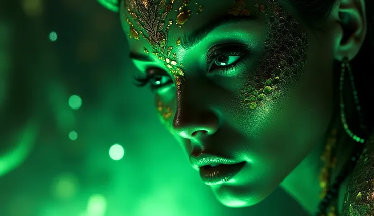 Amidst the ritual, the face of one Doll is focused, eyes locked in a trance. The light from the pool reflects off her features, the shimmering scales on her skin glowing vividly. The monochrome tones contrast sharply with the serpent-like green accents, en...