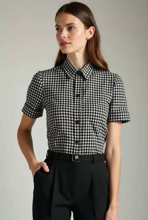 A model is wearing a tweed blouse top .  It is short sleeved and has a check pattern in black, blanc